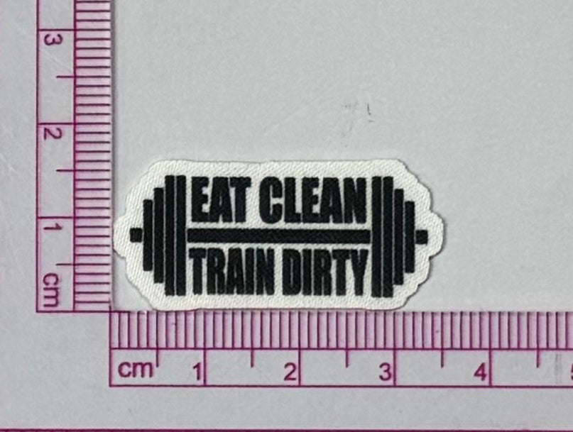 Eat Clean Train Dirty Patch – Dumbbell Gym - with ruler for scale