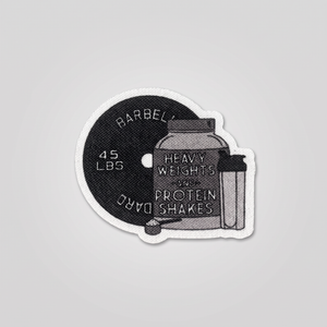 Heavy Weights Protein Shakes fabric patch with barbell plate and shaker jar
