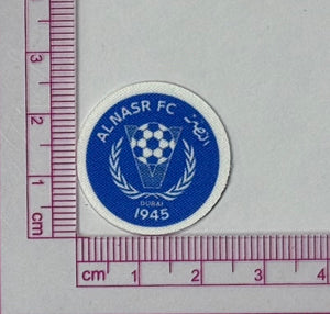 Al Nasr FC Crest Patch – Blue Circular Badge - with ruler for scale