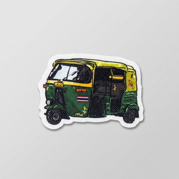 Green and yellow tuk-tuk taxi illustration fabric patch