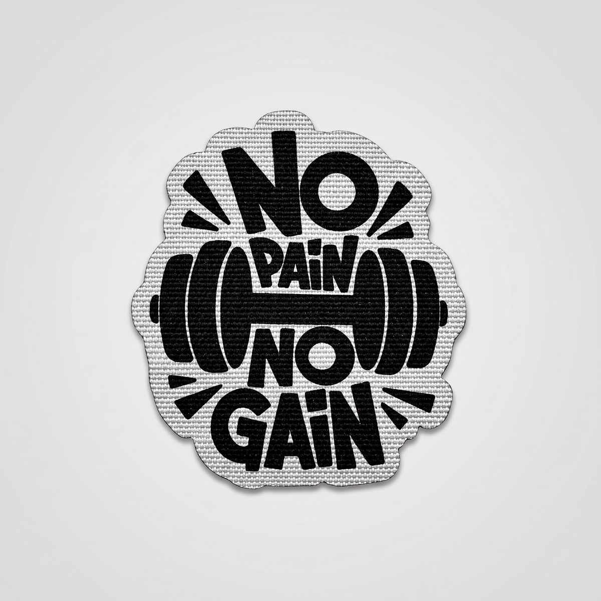 No Pain No Gain fabric patch with dumbbell icon