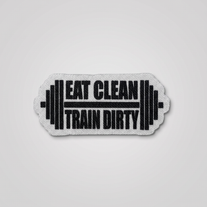 Eat Clean Train Dirty fabric patch with dumbbell graphics