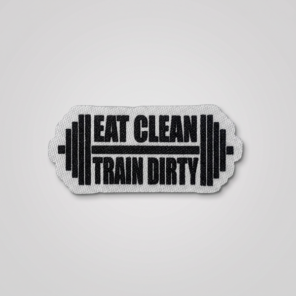 Eat Clean Train Dirty fabric patch with dumbbell graphics