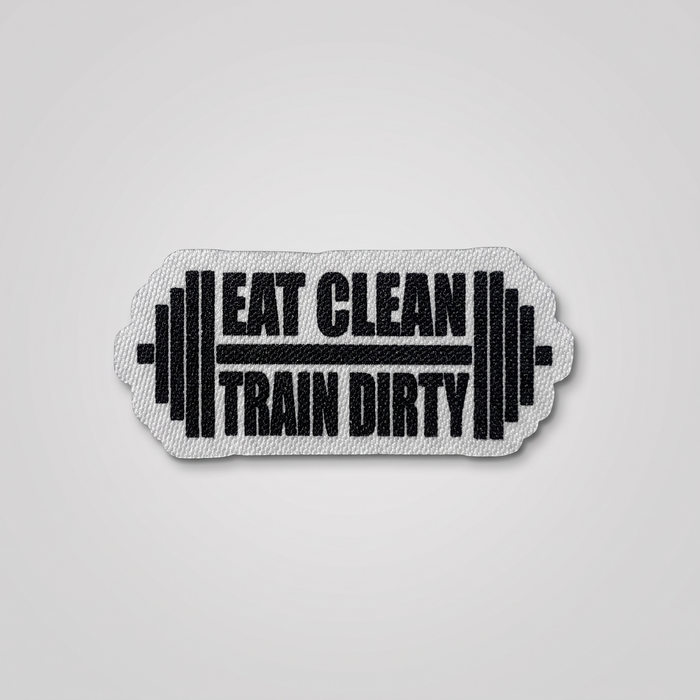 Eat Clean Train Dirty fabric patch with dumbbell graphics