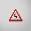 Red triangle road sign fabric patch with leaping deer